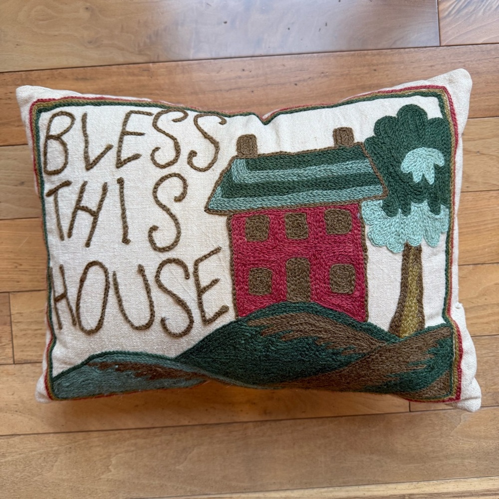 Decorative Bless This House Crewel Throw Pillow Accent Embroidered 15.5” x 12"‎